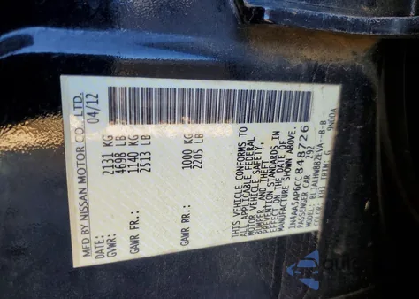 2012 Nissan Maxima S z USA, uszkodzony, nr VIN 1N4AA5AP6CC848726